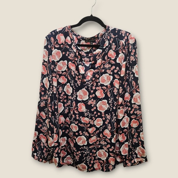 Adrianna Papell Womens XL Floral Print Long Sleeve Blouse Top Navy Pink - Picture 1 of 10